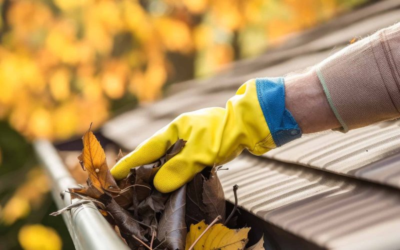 Hand cleaning leaves in a rain gutter on a roof, cleaning dirty gutters. High quality generative ai