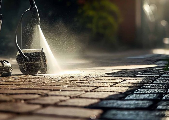 High-pressure washing for cleaning block paving in washing servi