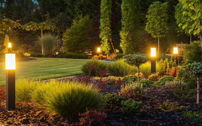 Panoramic Photo of LED Light Posts Illuminated Backyard Garden During Night Hours. Modern Backyard Outdoor Lighting Systems.